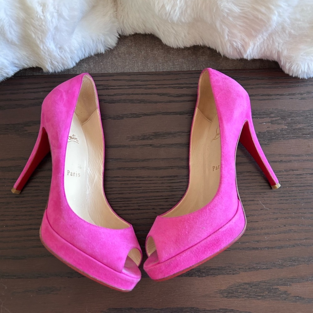 Christian Louboutin Toyo Zeppa 120 Pink Rose Suede Heels Size 38.5 EU - Picture 3 of 7